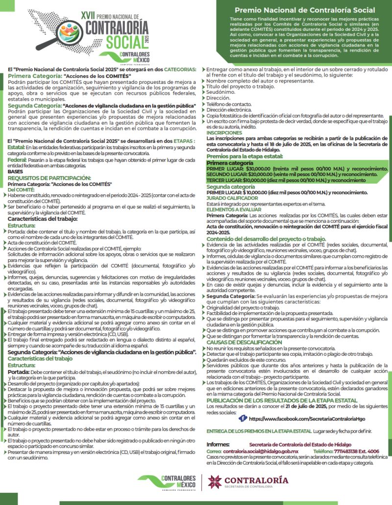 Convocatoria del premio Estatal de Contraloría Social 2025