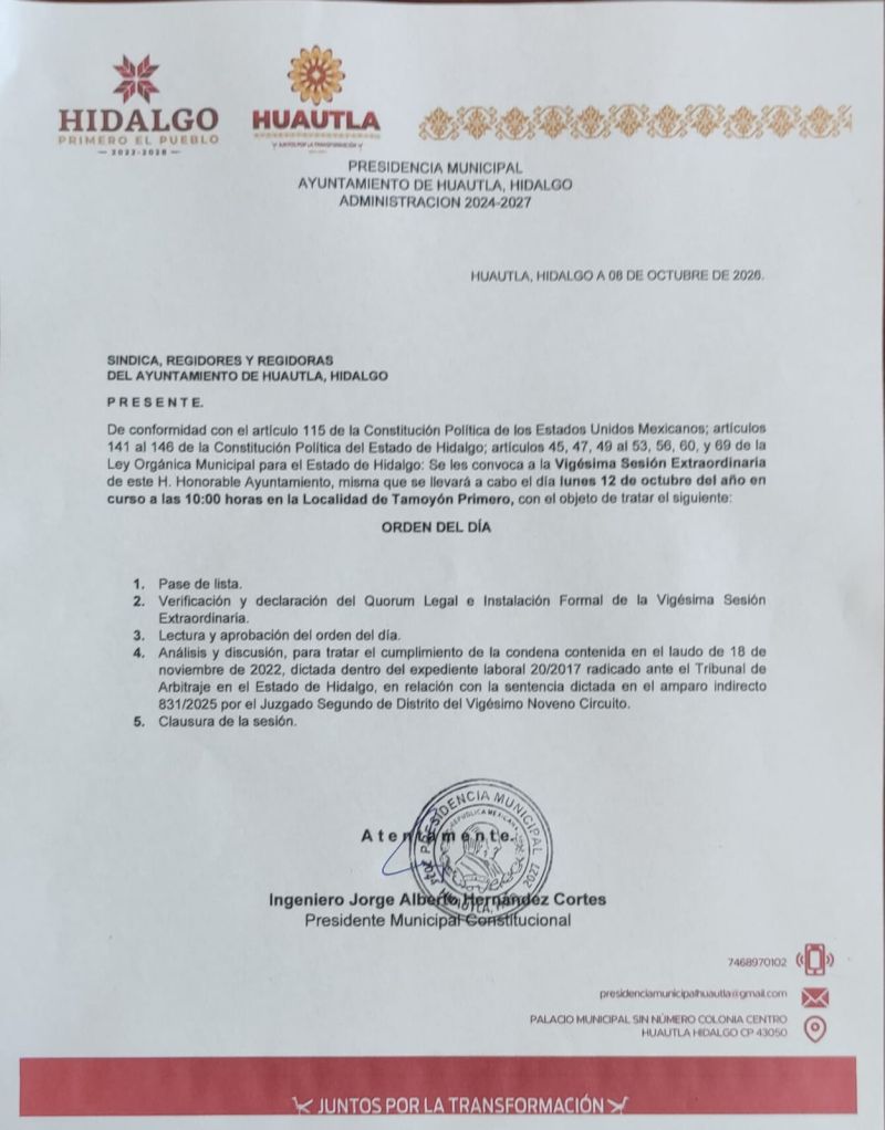 Se les convoca a la Vigésima Sesión Extraordinaria de este H. Honorable Ayuntamiento.