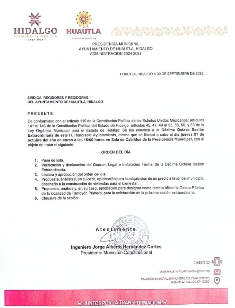 Se les convoca a la Décima Octava Sesión Extraordinaria de este H. Honorable Ayuntamiento